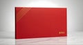 A red envelope with gold diagonal lines in the top left corner and Chinese characters in the bottom right Royalty Free Stock Photo