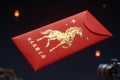 Red envelope with gold horse design and lanterns in background Royalty Free Stock Photo