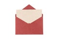 Red envelope made from natural fiber paper isolated on white background. Clipping path included.