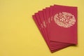 Red envelope on yellow cover background. Monetary gift given during special occasions such as Chinese New Year, birthday Royalty Free Stock Photo