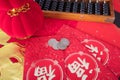 Red envelopes and traditional abacus and red lanterns and coins on red spring couplets background. The Chinese character on the re