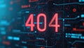 Red 404 error number on dark digital screen with blue circuit lines and data. Computer interface shows broken link alert. Glitch Royalty Free Stock Photo