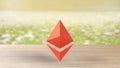 Red Ethereum gold sign icon on blur field of flowers. 3d render isolated illustration, cryptocurrency, crypto, business, managment