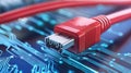 Red ethernet cable connected to a circuit board, exploring network connectivity red Royalty Free Stock Photo