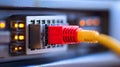 Red ethernet cable plugged into a wall outlet, closeup view of network connectivity Royalty Free Stock Photo