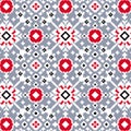 Red Ethnic Pixel Geometric Seamless Pattern with Diamond Star Motifs Gray Background Royalty Free Stock Photo