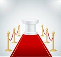 Red Event Carpet, Round Podium and Gold Rope Barrier. Vector