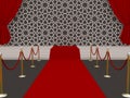 Red Event Carpet, Stairs, and Gold Barriers with red rope and Moroccan seamless mosaic background with curtain