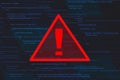 red exclamation mark on blue diagonal c sharp code and assembler in background