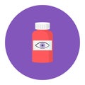 Red eye drops bottle with eye symbol on label, healthcare concept, simple flat design. Eye care, vision improvement