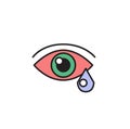 Red eye and teardrop. Allergy, sickness. Cartoon design icon. Flat vector illustration. Isolated on white background. Royalty Free Stock Photo