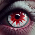 Red eye with white eyelashes of an albino human close-up macro,