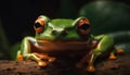 Red eyed tree frog sitting on wet leaf generated by AI Royalty Free Stock Photo