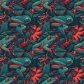 Red-eyed tree frogs in rain forest. AI generative illustration