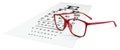 Red eyeglasses on visual test chart isolated on white. Eyesight