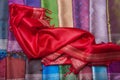 Red fabric on the counter Royalty Free Stock Photo