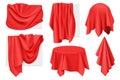 Red fabric covers on objects with drapery set, 3D drape in cloth on sphere, table, frames