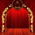 Red fabric curtain with gold