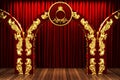 Red fabric curtain on golden stage