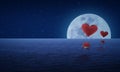 Red fabric heart air balloon on fantasy sea sky and moon, Royalty Free Stock Photo