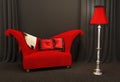 Red fabric sofa. Textured and curved sofa