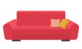 Red cozy sofa with decorative pillows, colorful fabric upholstery. Flat vector illustration