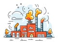 Red factory buildings with smokestacks emitting yellow smoke. Industrial pollution and environment damage vector