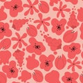 Red fairy flowers groovy and pink background seamless pattern