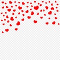 Red falling heart petals isolated on transparent background, pattern. Valentine`s day, confetti hearts. Vector illustration.