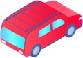 Red family car for driving on road. Transport for traveling and city trips. Flat isometric automobile