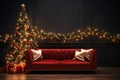 red fancy living room with Christmas tree gifts and garlands