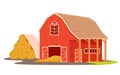 Red farm barn with hay bales, wooden house for storage of straw pile and haystacks