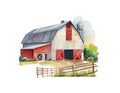 Red farm house barn. Watercolor illustration landscape white isolated background Royalty Free Stock Photo