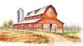 Red farm house barn. Watercolor illustration landscape white isolated background. Generative AI Royalty Free Stock Photo