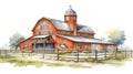 Red farm house barn. Watercolor illustration landscape white isolated background. Generative AI Royalty Free Stock Photo