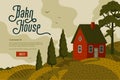 Red farm house. Rural landscape with Barn house in rustic style on green field with cypresses Royalty Free Stock Photo