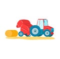 Red farm tractor hay bale, agricultural machinery field, summer farming equipment. Countryside Royalty Free Stock Photo