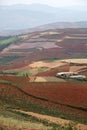 Red farmland with village in dongchuan of china Royalty Free Stock Photo