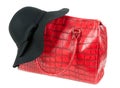 Red Fashion ladies handbag and a black felt hat