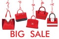 Red fashion women's handbag hang on ribbon.Big sale