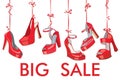 Red fashion women's shoes hang on ribbon.Big sale