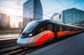 a red fast train moving on a city street Royalty Free Stock Photo