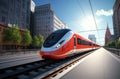 a red fast train moving on a city street Royalty Free Stock Photo