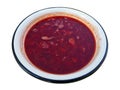 Red fat rural soup in a metal  plate isolated Royalty Free Stock Photo