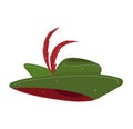 Red feather sticking out of a green hat. Classic Peter Pan hat with a red feather, accessory design vector illustration Royalty Free Stock Photo