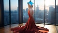 Red female dress on skyscraper view background. Sparkling elegant woman evening gown. Cocktail dress. Special occasion dress. Royalty Free Stock Photo