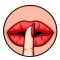 Red female lips covered with a finger say shhh. Logo on a white