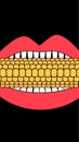 Red female lips eating corn with teeth isolated close up on black background. Grunge vintage flat vector illustration
