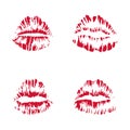 Red female lips imprint kiss. Set. Beautiful kiss. Vector illustration on white Royalty Free Stock Photo