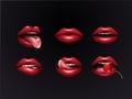 Red female lips set isolated on dark background. Lips with cherry in your mouth, tongue, teeth for your design. vector